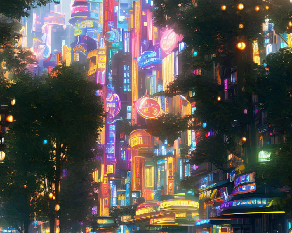 Futuristic cityscape at dusk with neon signs and glowing street lamps