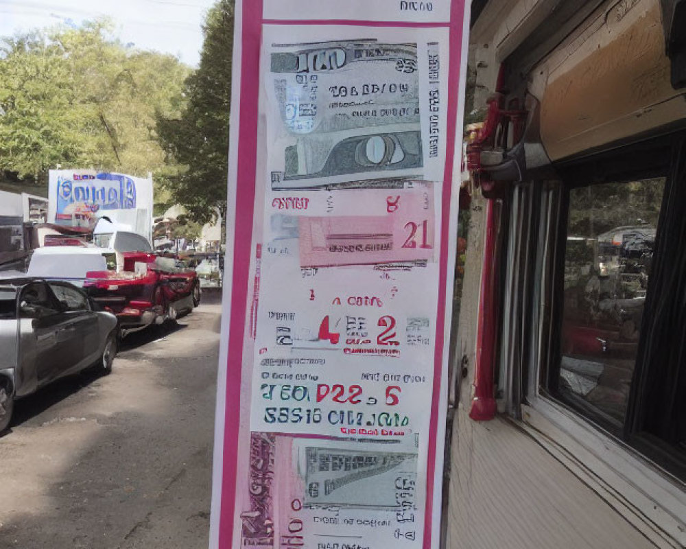 Vertical Stack of Oversized Currency Notes Adorn Shopfront