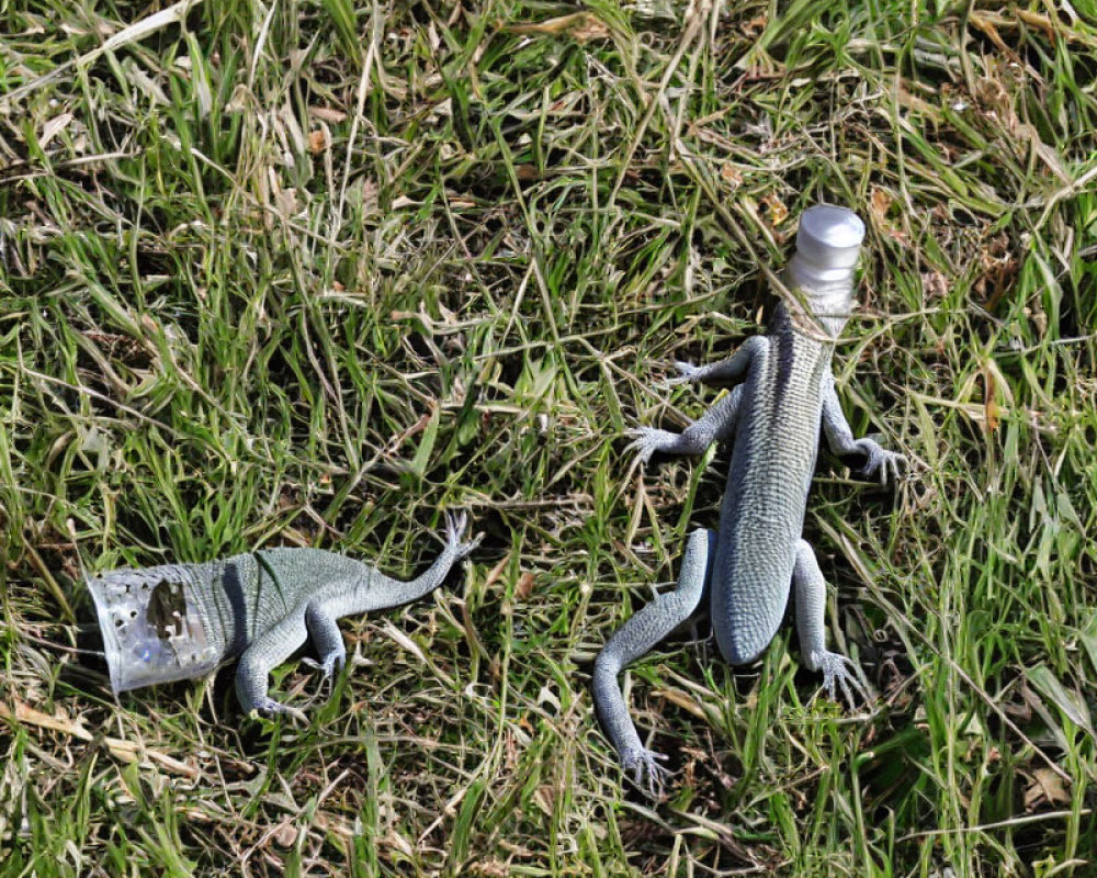 Toy lizards with plastic bottle caps on grass surface