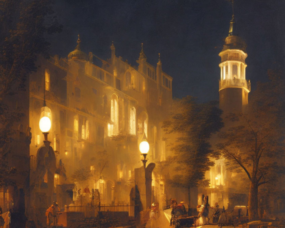 Historic building and lantern-lit street scene with period attire and horse-drawn carriages