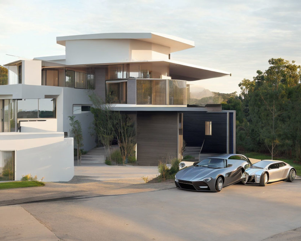 Luxurious modern home with flat roof, curved design, large windows, balconies, and parked cars