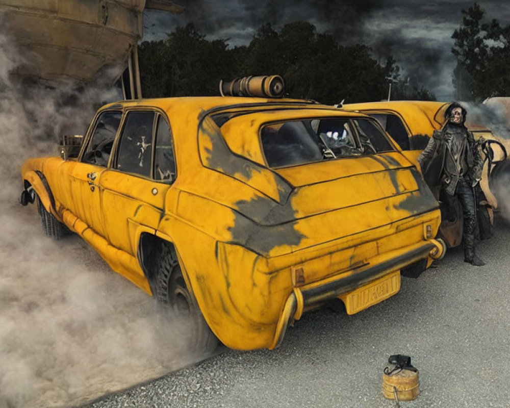 Dystopian outfit next to modified yellow car with mounted cannon