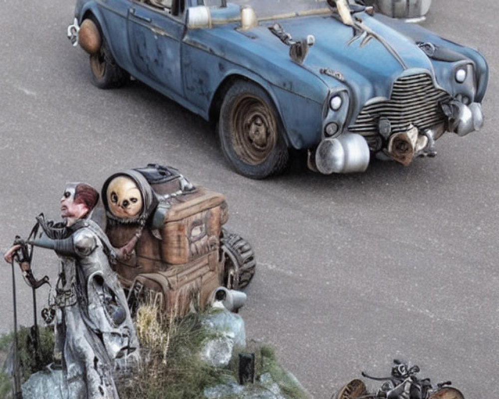 Post-apocalyptic diorama with rusted blue car, robotic figure, skull-masked character, and