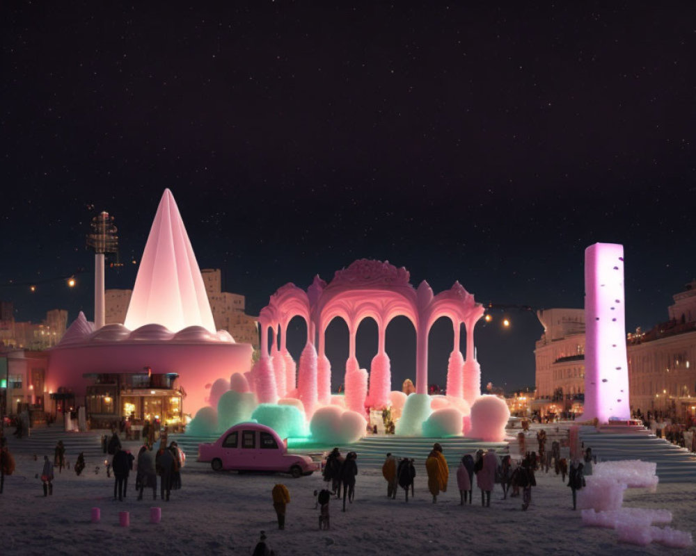 Vibrant pink and purple illuminated ice structures at night with a crowd under a starry sky