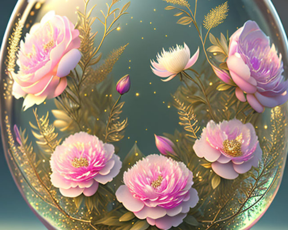 Glass Sphere with Pink Flowers and Golden Stems on Ornate Pedestal