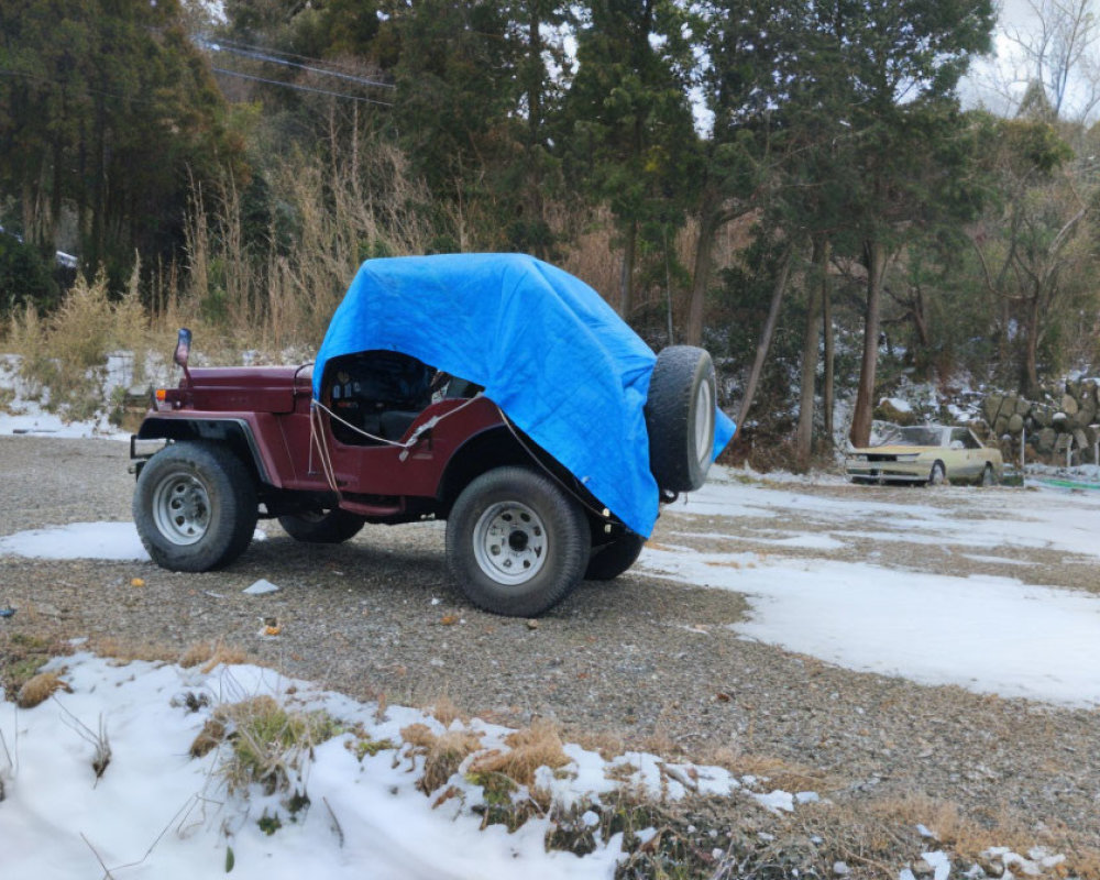 Blue Tarp Covered Off-Road Vehicle in Snowy Landscape