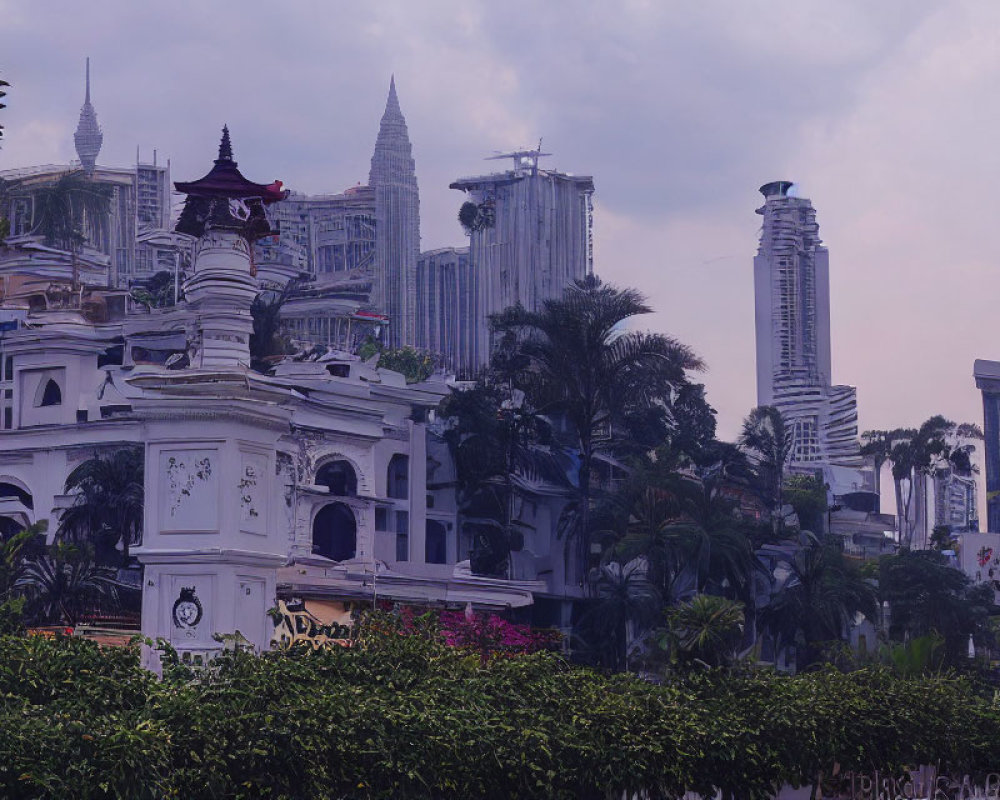 Modern skyscrapers and traditional architecture in cityscape at dusk.