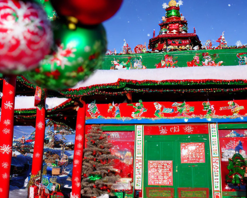 Festive Christmas decorations and gifts under snow-covered eaves of red and green building