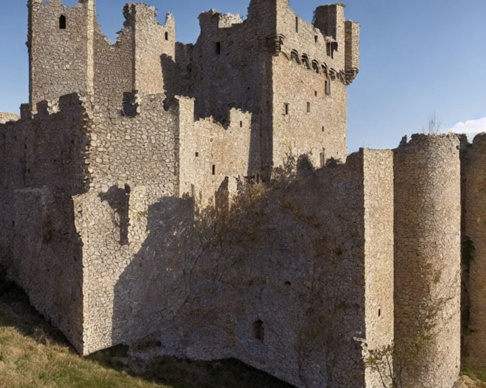 Ancient stone castle ruins with towering walls and fortifications against a clear blue sky