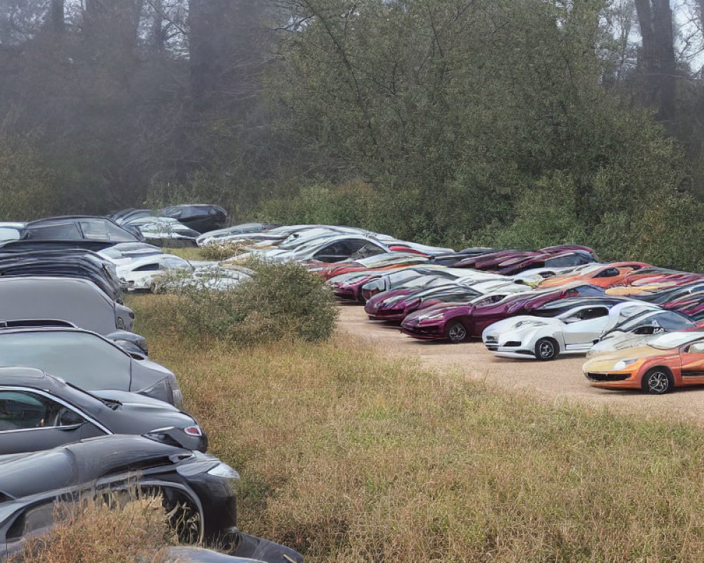 Busy Outdoor Car Parking Lot Surrounded by Trees and Grass