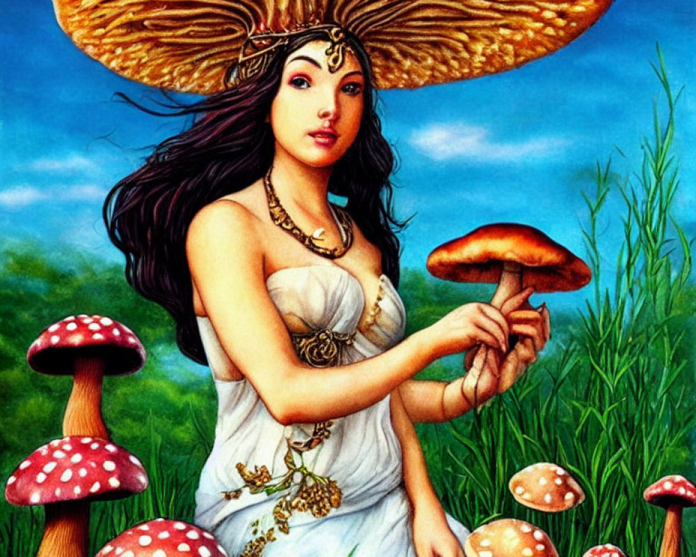 Fantastical artwork of woman with mushroom hat in mushroom-filled field