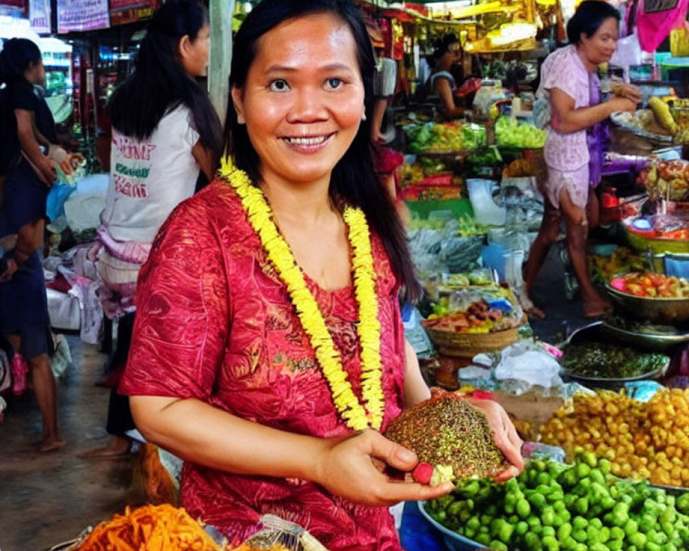 Smiling woman with durian fruit at colorful market