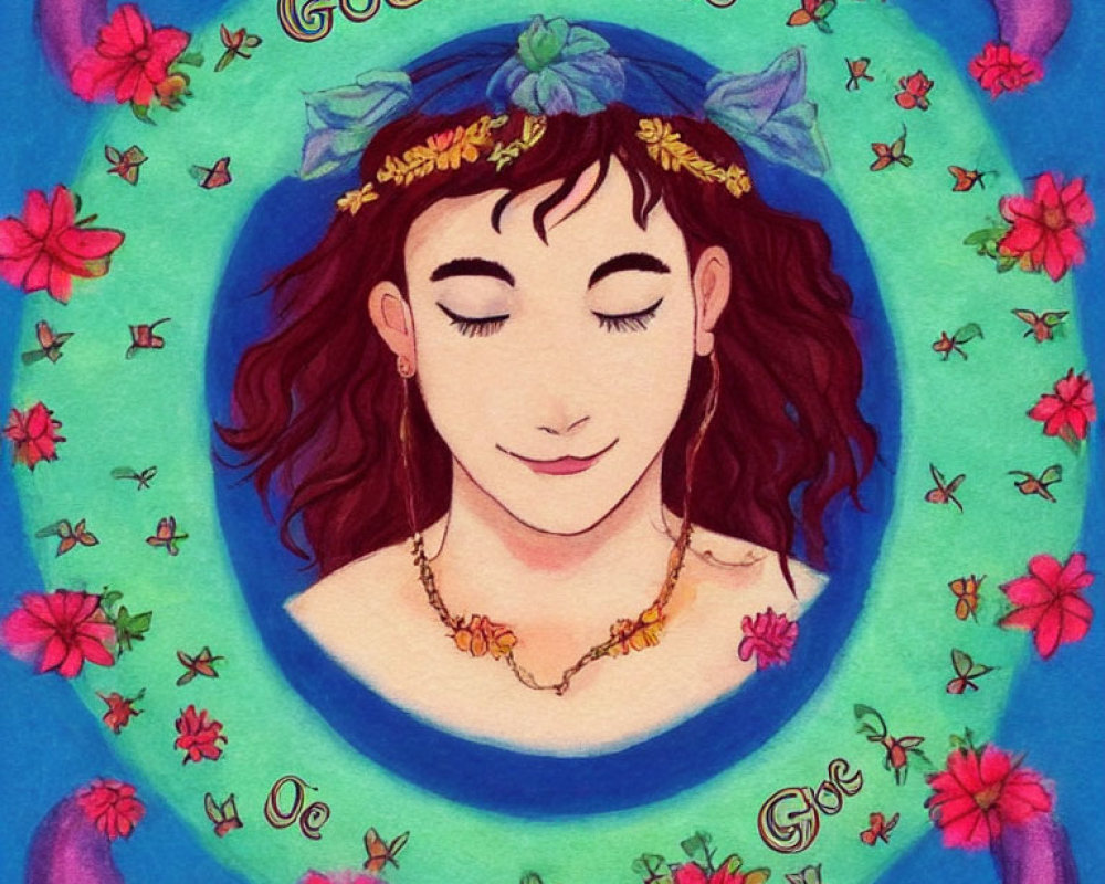 Person with flower crown, closed eyes, snake, and floral motifs in "Godee Godes