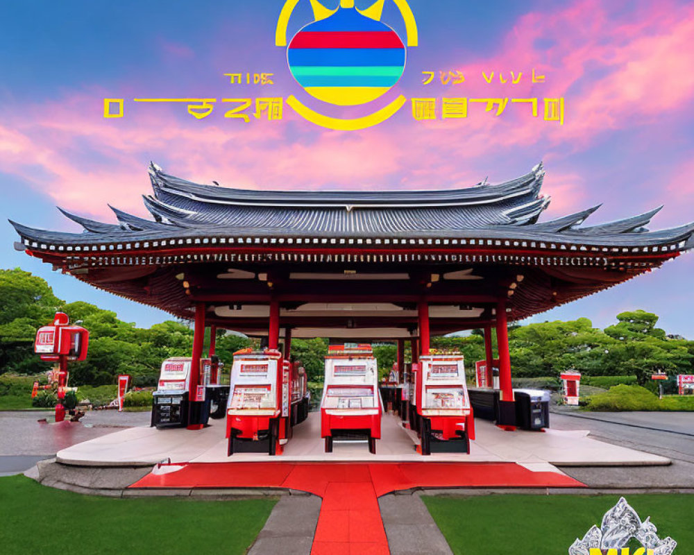 Traditional Japanese gate and red gas pumps under blue sky