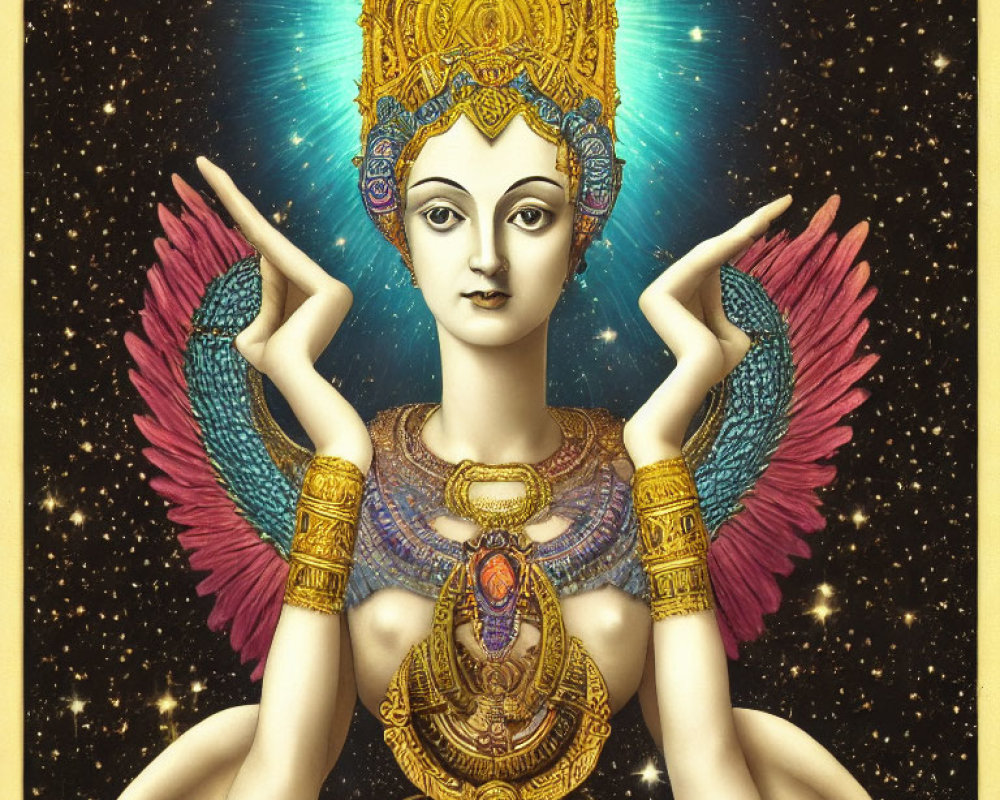 Mystical being with golden crown, multiple arms, and bird-like wings on radiant backdrop