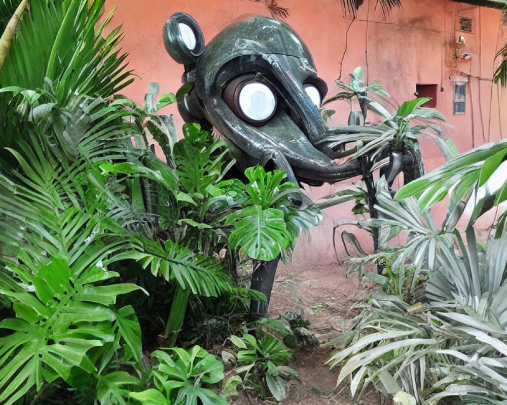 Metal crocodile head sculpture in lush tropical garden.