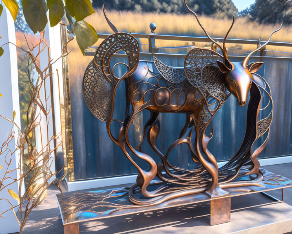 Intricate Metal Stag Sculpture with Cut-Out Patterns on Balcony