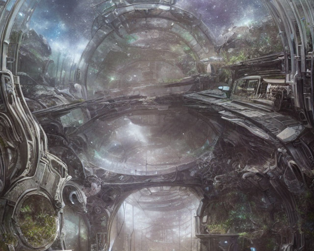 Abandoned futuristic corridor with overgrown vegetation and starry sky