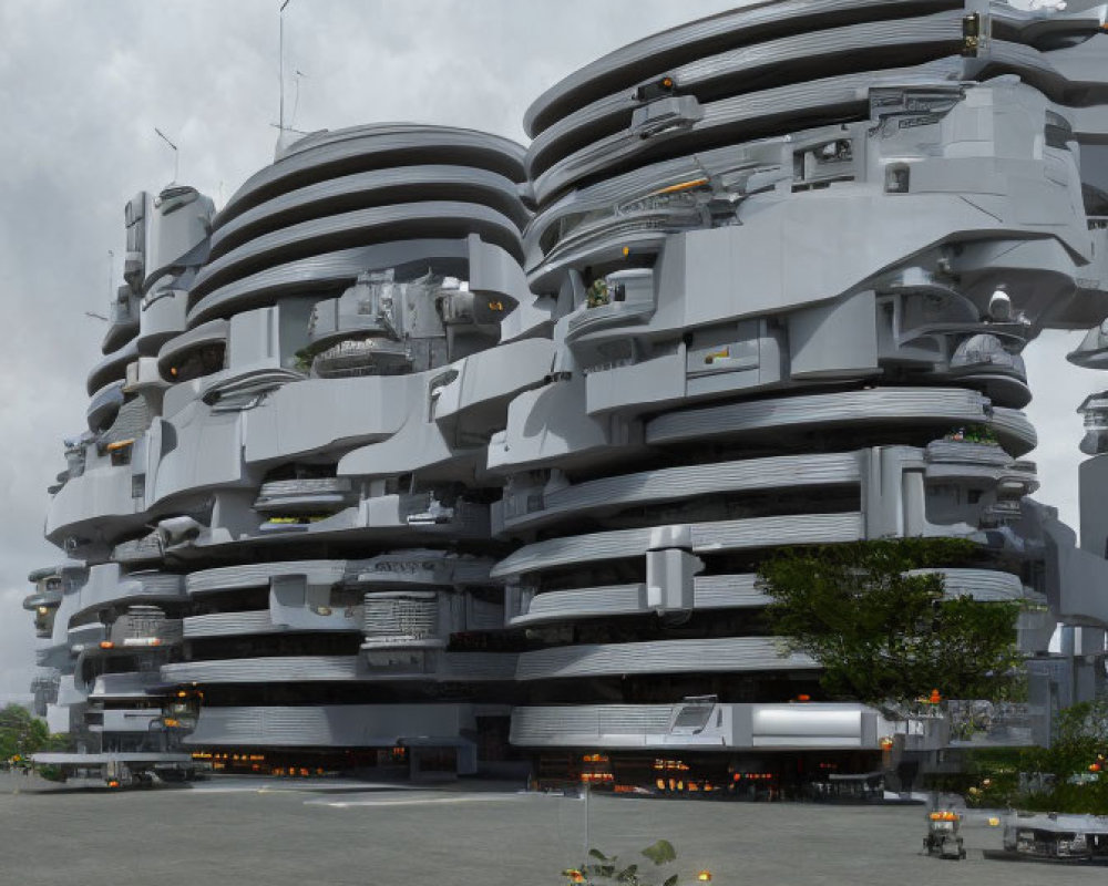 Spiral futuristic multi-level parking structure with parked vehicles