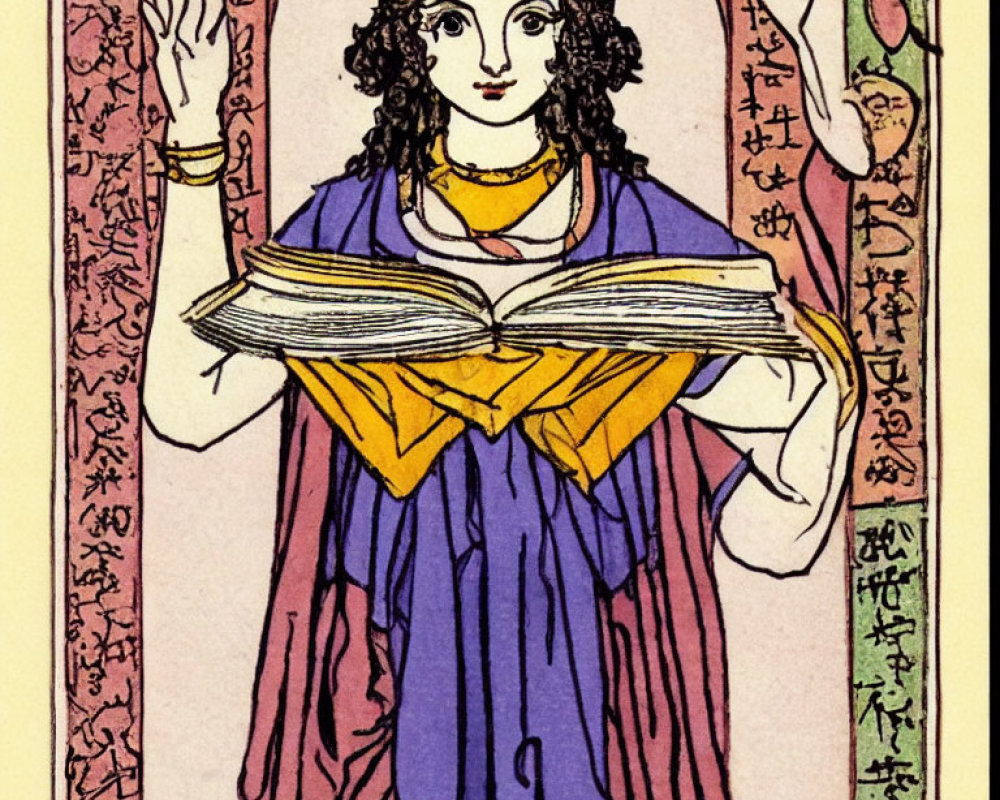 Illustrated woman in purple & gold robe with open book, surrounded by tree branches and symbols on pink