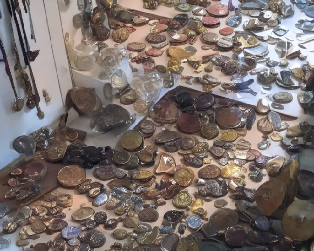 Collection of Metal Artifacts: Coins, Medallions, and Sculptures on Flat Surface