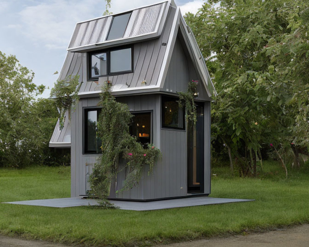 Gray two-story house with metal roof, large windows, front porch, greenery, cloudy sky