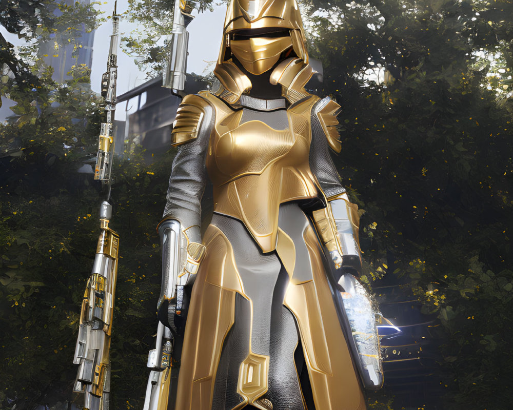 Futuristic warrior in golden armor with gleaming spear in lush greenery and high-rise backdrop