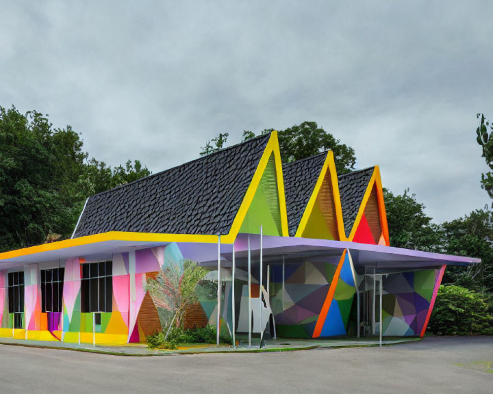 Colorful modern building with geometric design and bright neon colors against green trees