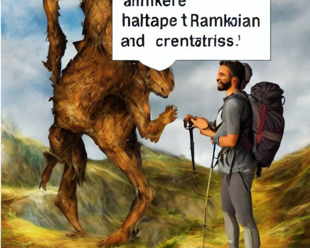 Hiker observing walking tree creature in surreal landscape