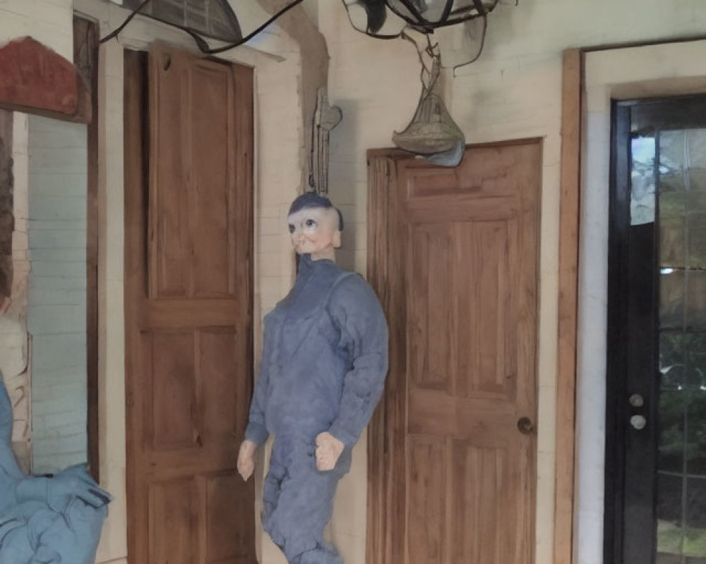 Person in Blue Coverall in Room with Wooden Doors and Lamp