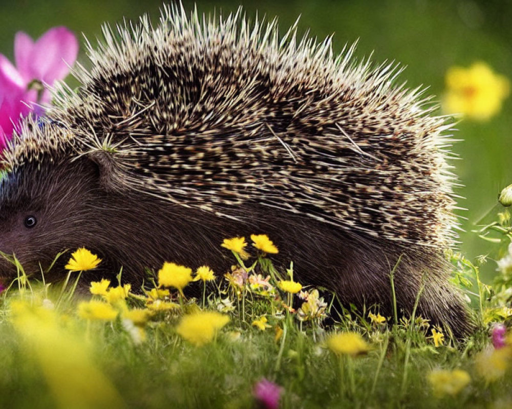 Spiky quilled hedgehog in vibrant flower field