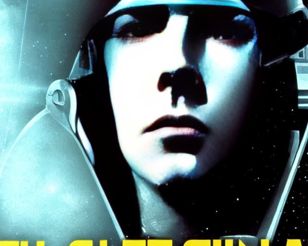 Space-themed poster featuring person in helmet with spacecraft reflections and stylized text.