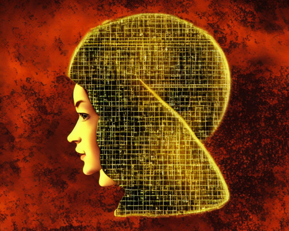 Woman's profile merged with digital grid on fiery background symbolizing human-technology blend