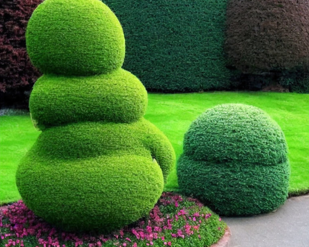 Manicured garden with topiary shrubs in stacked sphere shapes