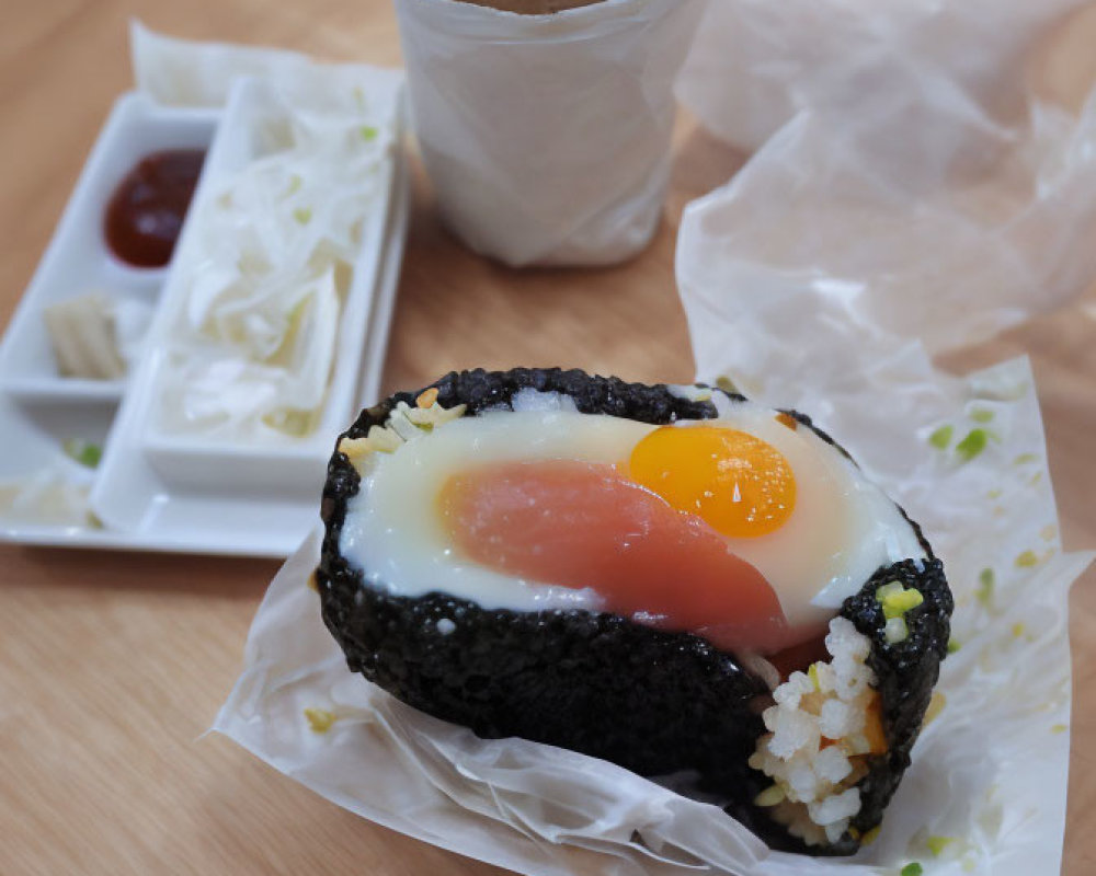 Black Sesame Seed Rice Ball with Egg and Sauce on Wooden Table