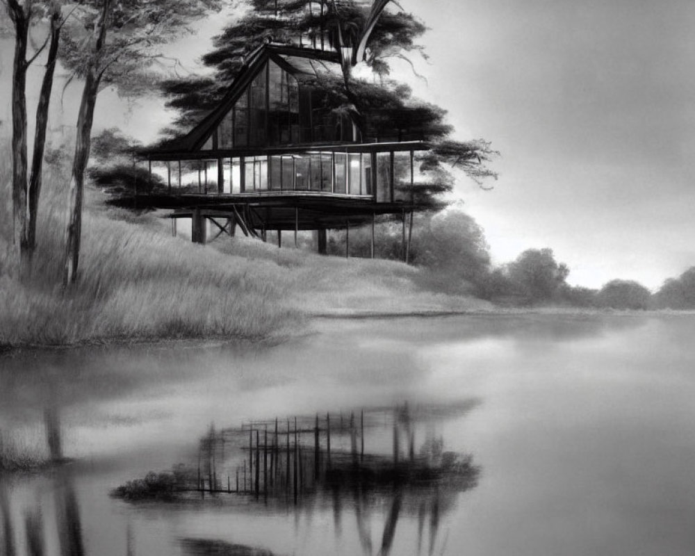 Monochrome lakeside scene with wooden stilt house reflection