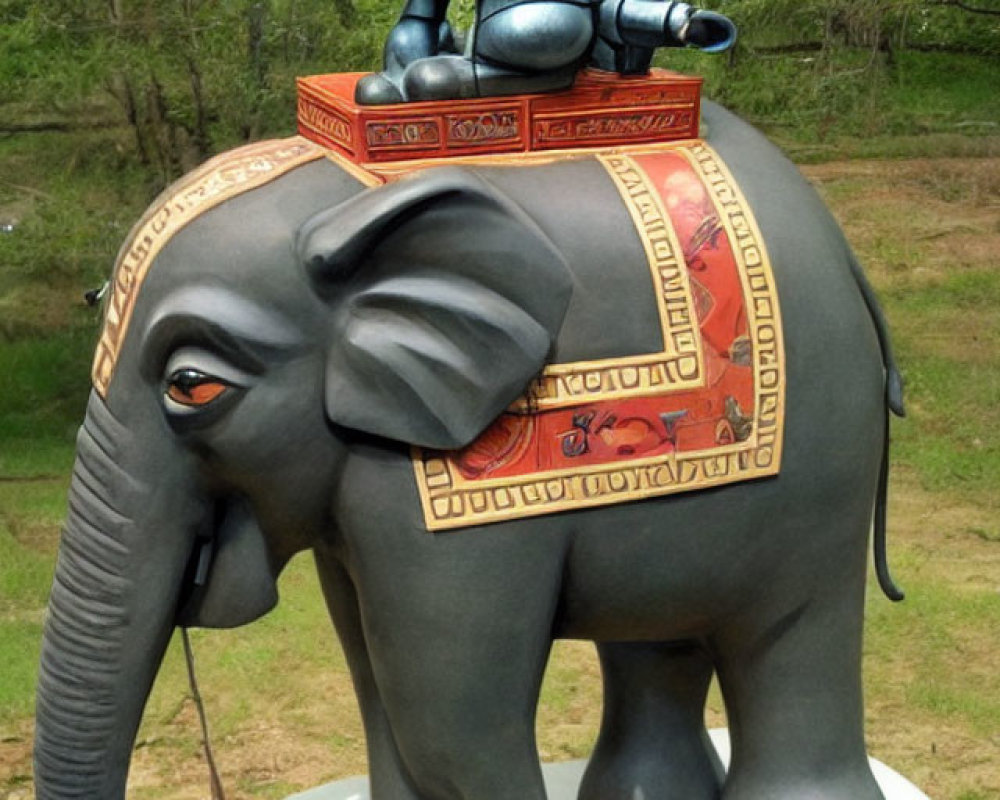 Colorful Elephant Statue with Blue Figure on Back and Decorative Patterns