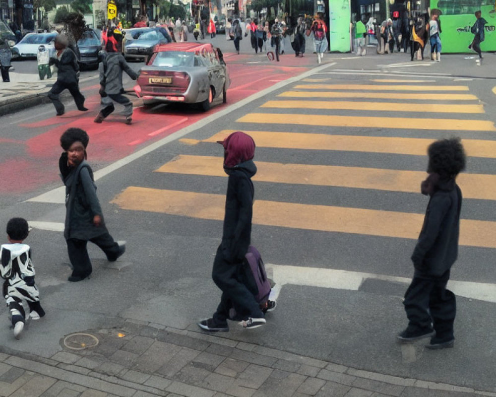 Pedestrians, child in cow-pattern outfit, vintage car, and city traffic scene.