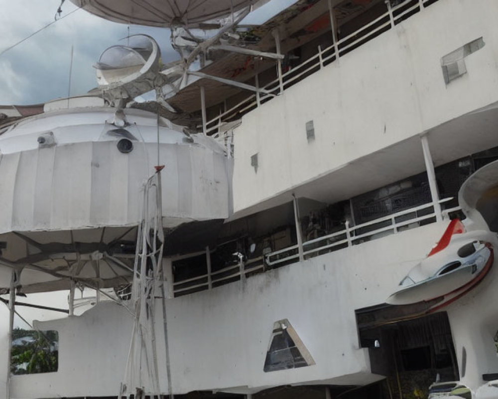 Multi-story building with satellite dish, antennas, cars, and person.