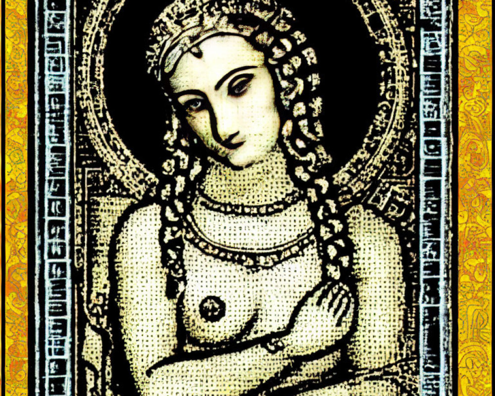 Mosaic-style image of woman with halo in classical attire against yellow and black patterned background