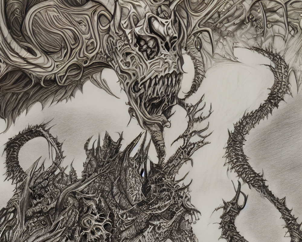 Detailed Monochrome Drawing of Fierce Dragon Battling Armored Knight