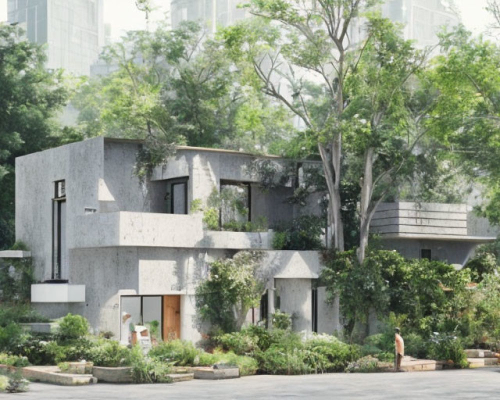 Modern Concrete House Surrounded by Greenery and Trees in Urban Garden