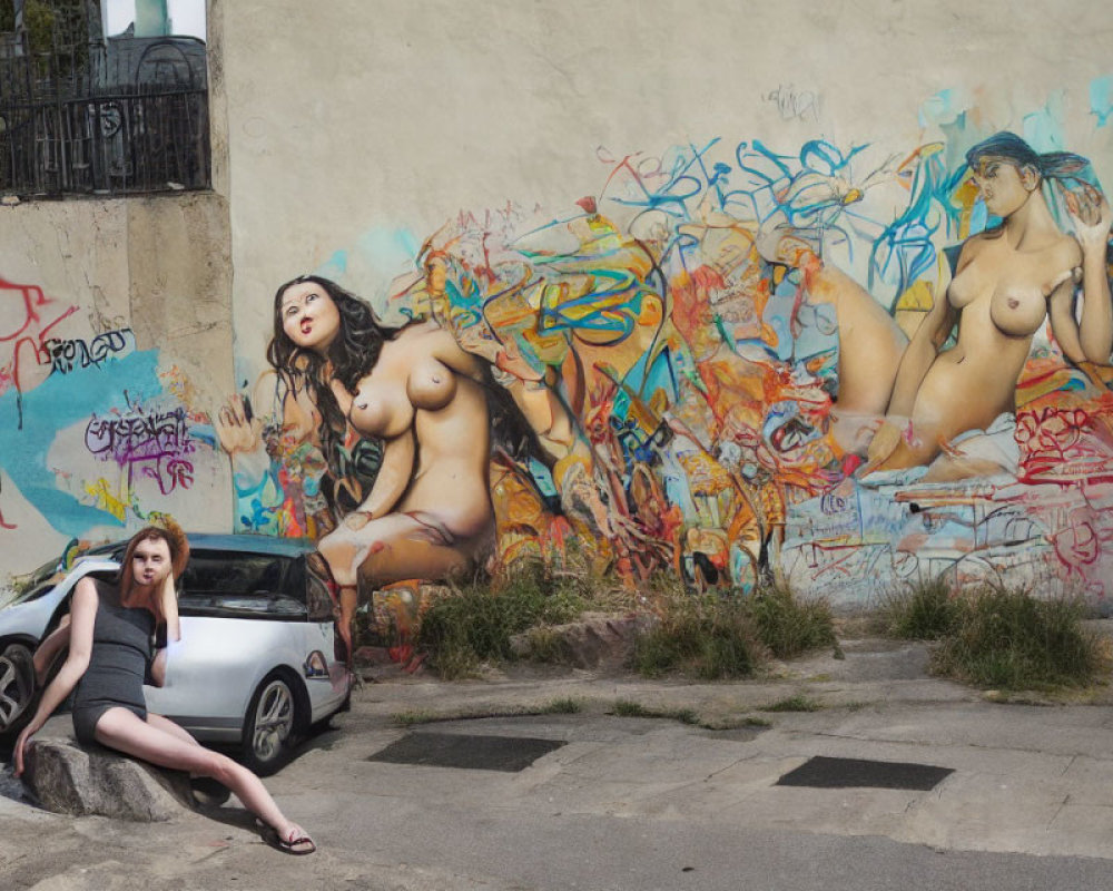 Woman sitting by car in front of colorful graffiti wall.