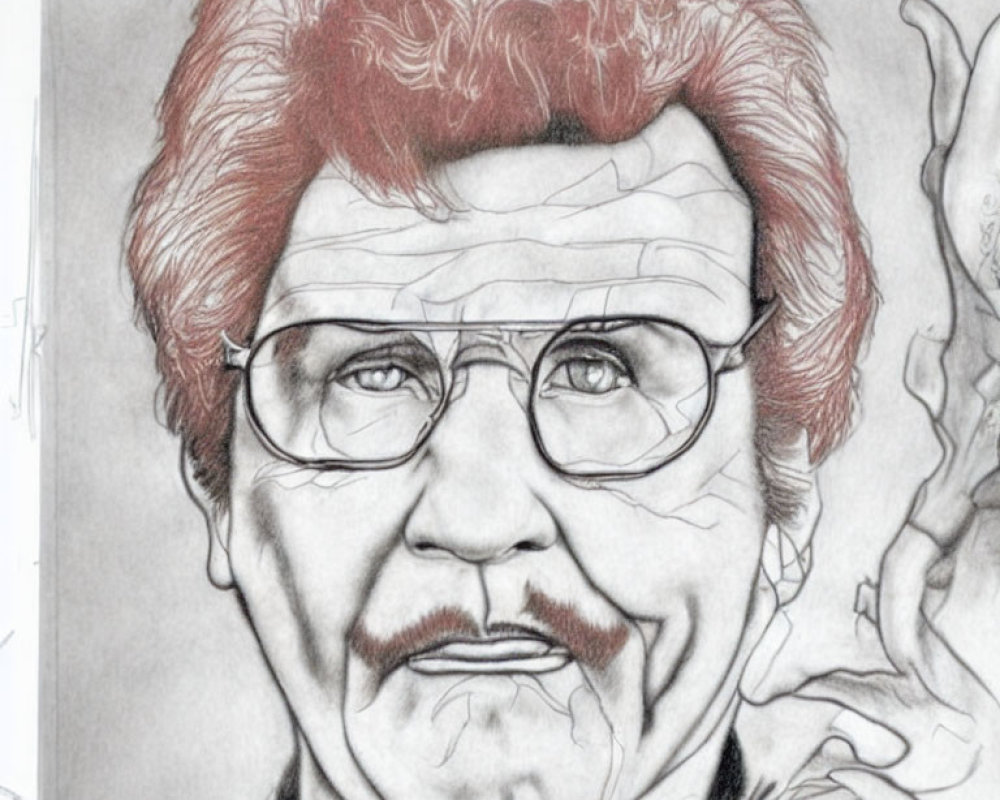 Detailed pencil sketch of mature man with curly hair, glasses, mustache, and wrinkles