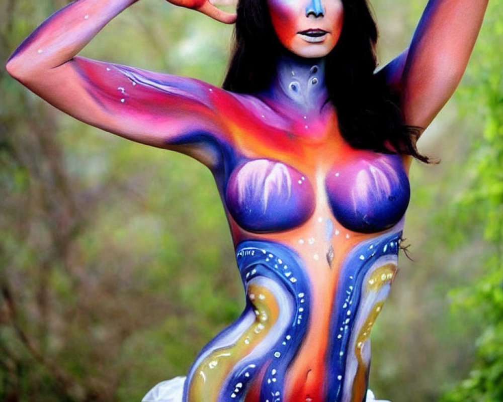 Colorful Body Paint Design on Woman in Forest with Tutu Skirt