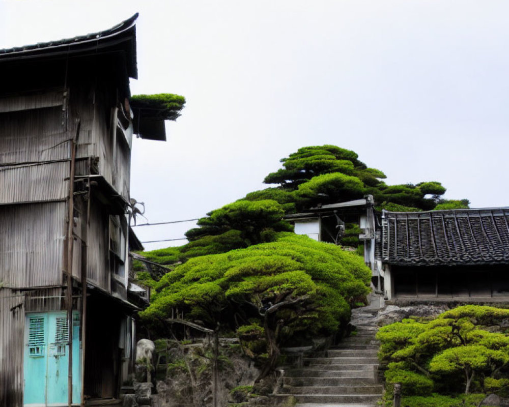 Traditional Japanese Architecture and Pruned Green Trees in Tranquil Setting