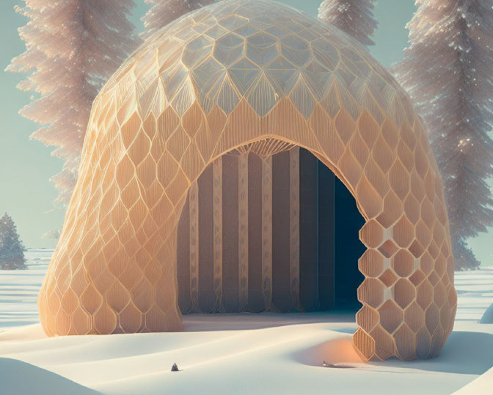 Futuristic dome with honeycomb structure in snowy landscape