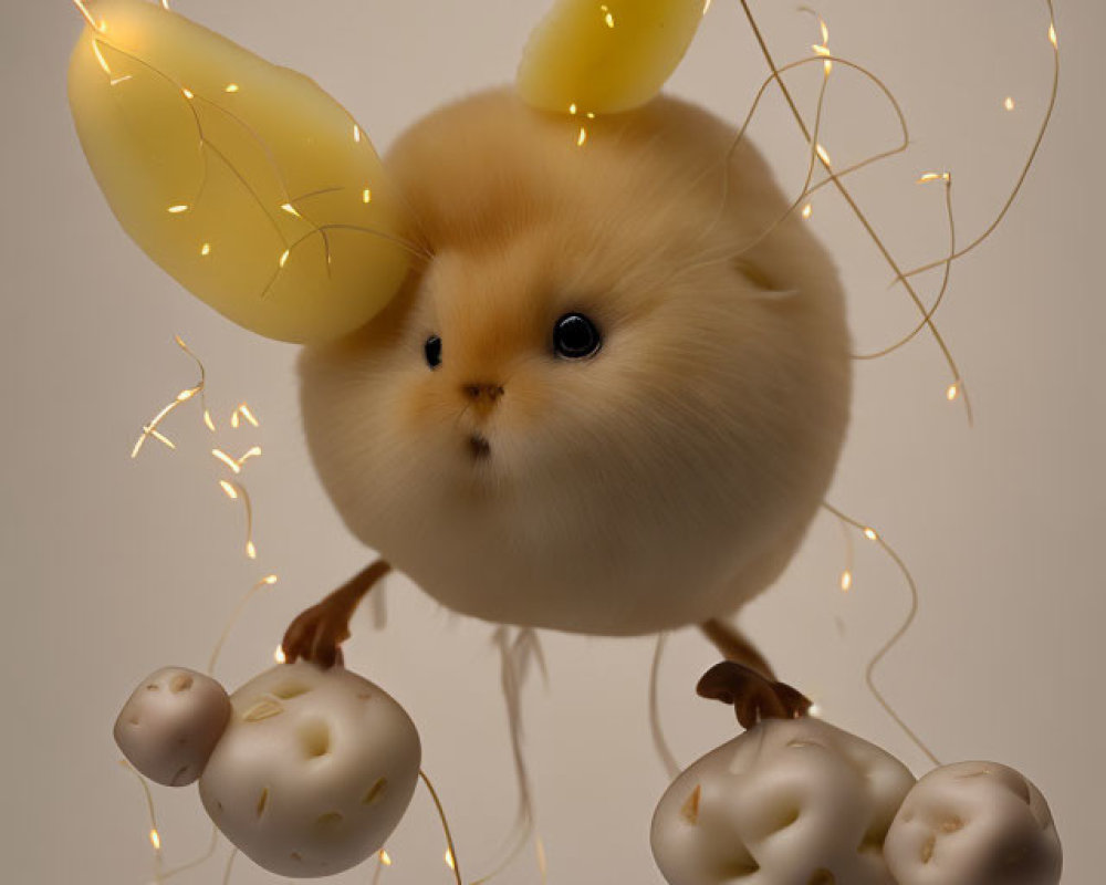 Whimsical creature with hamster body, rabbit ears, glowing tendrils, orbs, and spark