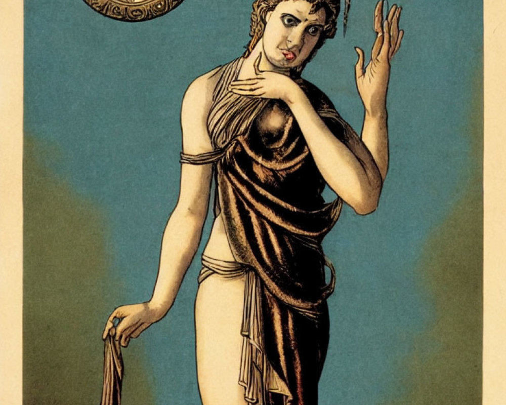 Vintage Illustration of Classical Figure with Draped Garments and Shield