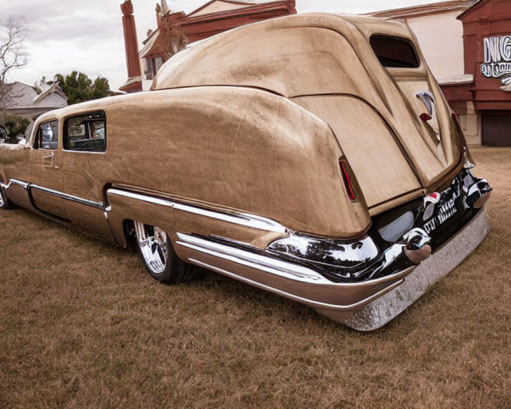 Customized Beige Stretch Car with Chrome Details and White-Wall Tires Parked on Grass